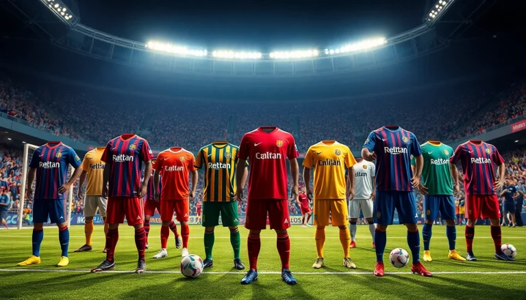 Showcasing vibrant football kits worn by players on a lively pitch with excited fans.