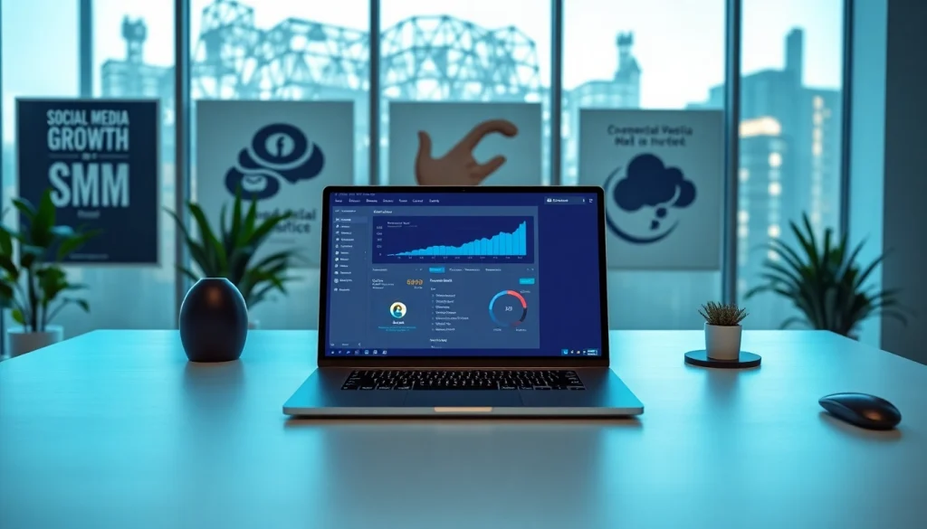 Visualize a dynamic workspace with an smm panel dashboard, symbolizing social media management.