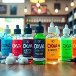 Oxva Liquid in verschiedenen Geschmacksrichtungen kunstvoll präsentiert auf einem Holztisch.