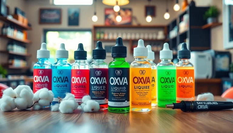 Oxva Liquid in verschiedenen Geschmacksrichtungen kunstvoll präsentiert auf einem Holztisch.