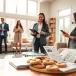 Showcasing a real estate agent welcoming potential buyers in a beautifully staged home.