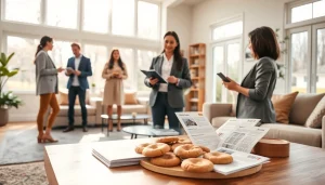 Showcasing a real estate agent welcoming potential buyers in a beautifully staged home.