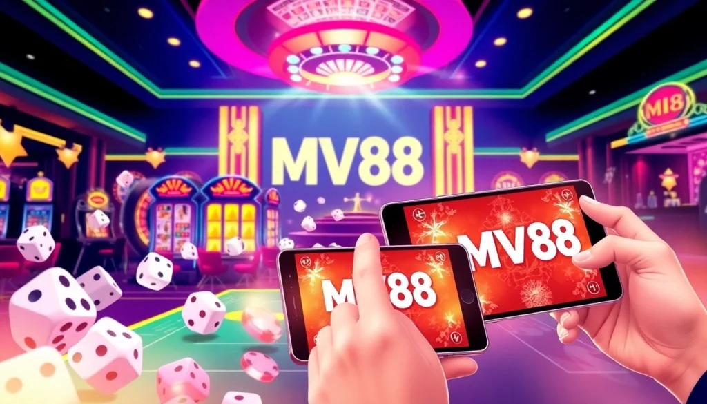 Play the thrilling MV88 game in a luxurious online casino environment, showcasing vibrant slot machines and interactive gameplay.