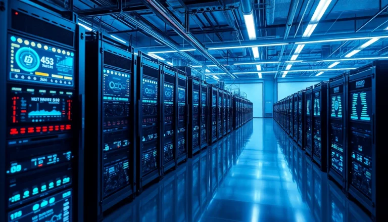 Crypto mining facility with advanced ASIC miners and digital displays showcasing mining activity.