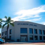 View of the Anaheim Jail police station with police vehicles, highlighting community safety.