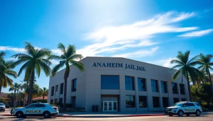 View of the Anaheim Jail police station with police vehicles, highlighting community safety.