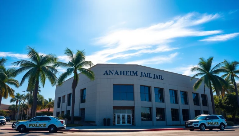 View of the Anaheim Jail police station with police vehicles, highlighting community safety.