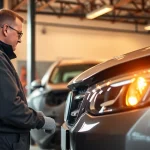 Kfz Gutachter Düren analysiert den Schaden an einem Fahrzeug in einer Fachwerkstatt.
