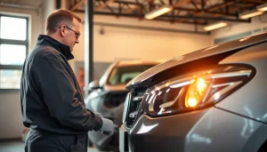 Kfz Gutachter Düren analysiert den Schaden an einem Fahrzeug in einer Fachwerkstatt.