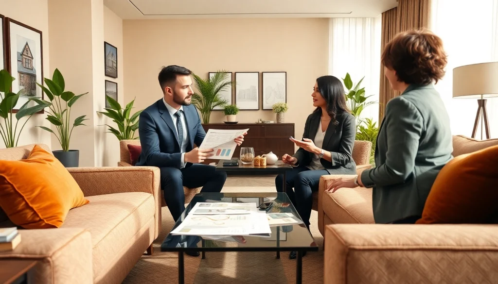 Engaging real estate agent showcasing properties to clients in a professional office.