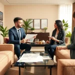 Engaging real estate agent showcasing properties to clients in a professional office.