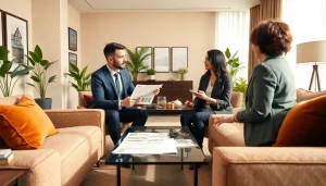 Engaging real estate agent showcasing properties to clients in a professional office.