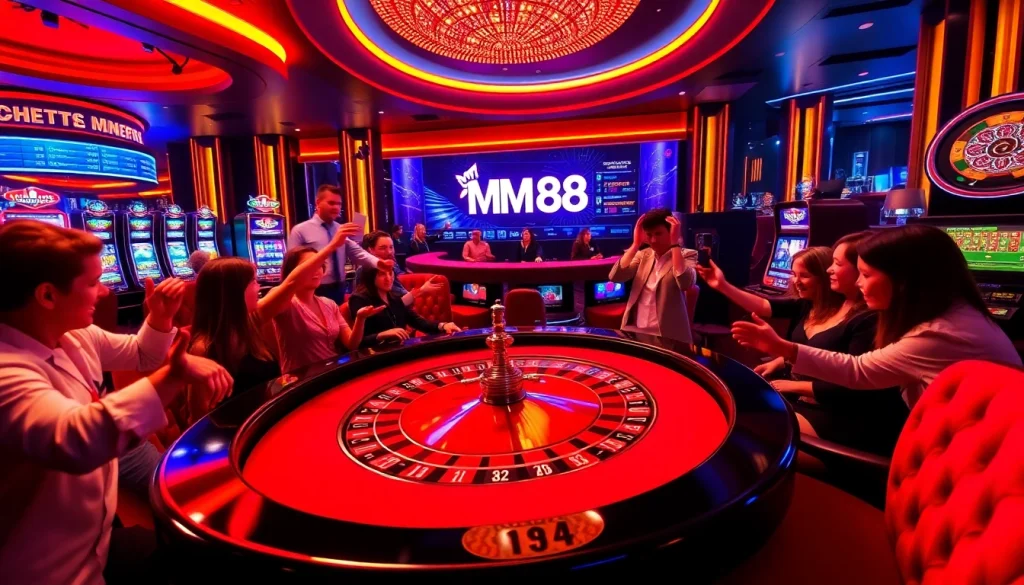 Engaged players enjoy the excitement of MM 88 casino gaming with roulette and slot machines.
