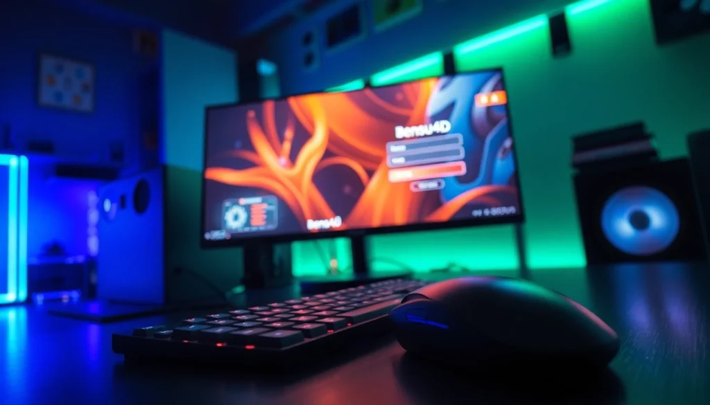 Login ke bensu4d login game dengan pengaturan gaming modern dan latar belakang LED berwarna.