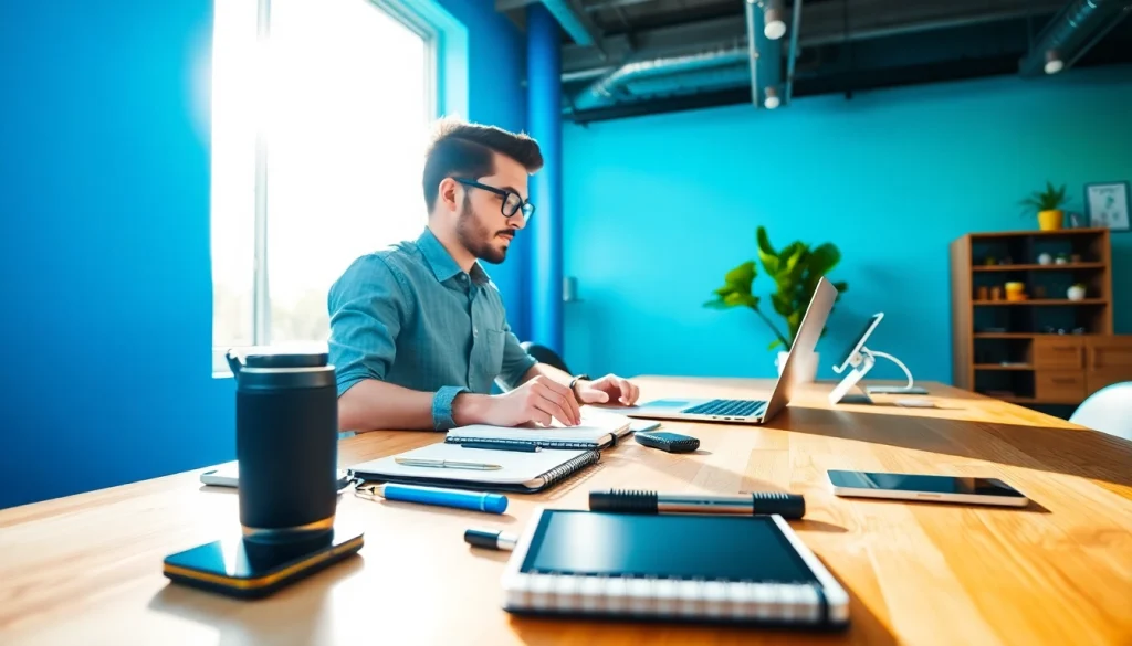 vj88: Engage with a digital creator at a modern workspace showcasing creativity and technology.