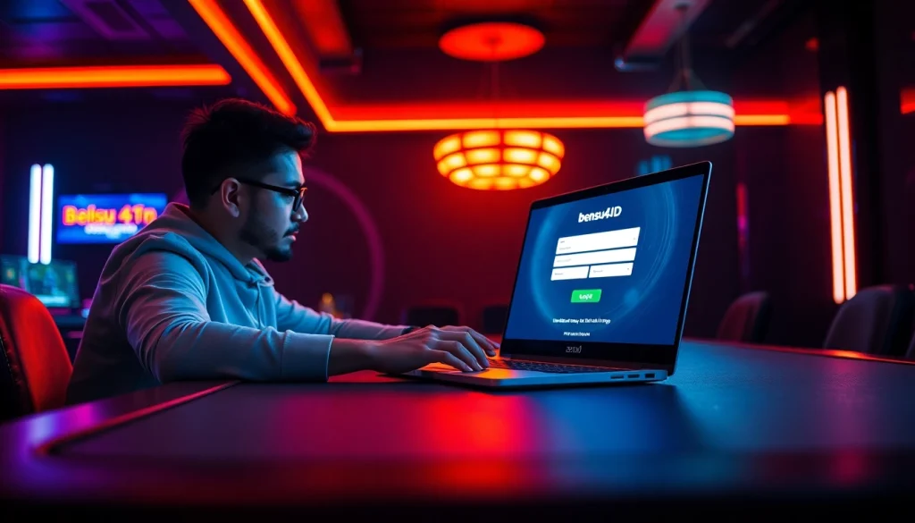 Mengakses bensu4d login dengan pusat perhatian pada layar laptop di meja permainan yang modern.