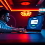 Mengakses bensu4d login dengan pusat perhatian pada layar laptop di meja permainan yang modern.