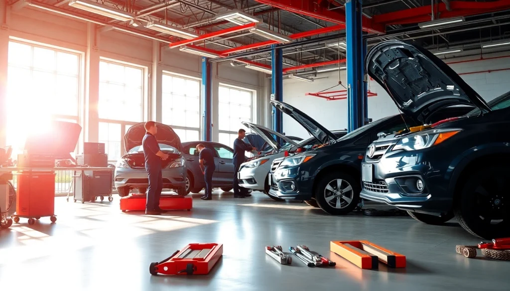 Kfz werkstatt ohne termin berlin, moderne Werkstatt mit Mechanikern und Fahrzeugen.