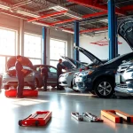 Kfz werkstatt ohne termin berlin, moderne Werkstatt mit Mechanikern und Fahrzeugen.