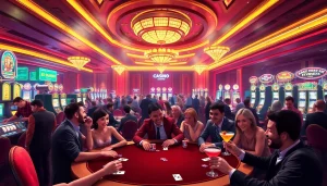 คาสิโนที่มีบรรยากาศหรูหราและผู้คนเล่นเกมอย่างมีความสุข
