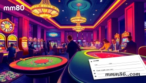 Experience excitement at mm88.com in a vibrant casino setting with engaging players and dazzling slot machines.