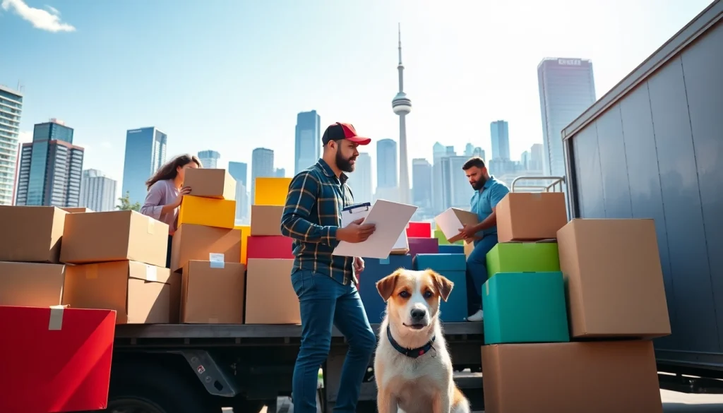 Movers from a Toronto moving company efficiently packing furniture and boxes in a vibrant urban setting.