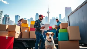 Movers from a Toronto moving company efficiently packing furniture and boxes in a vibrant urban setting.