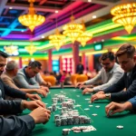 Permainan Domino88 poker game dengan pemain serius di kasino yang cerah.