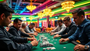 Permainan Domino88 poker game dengan pemain serius di kasino yang cerah.