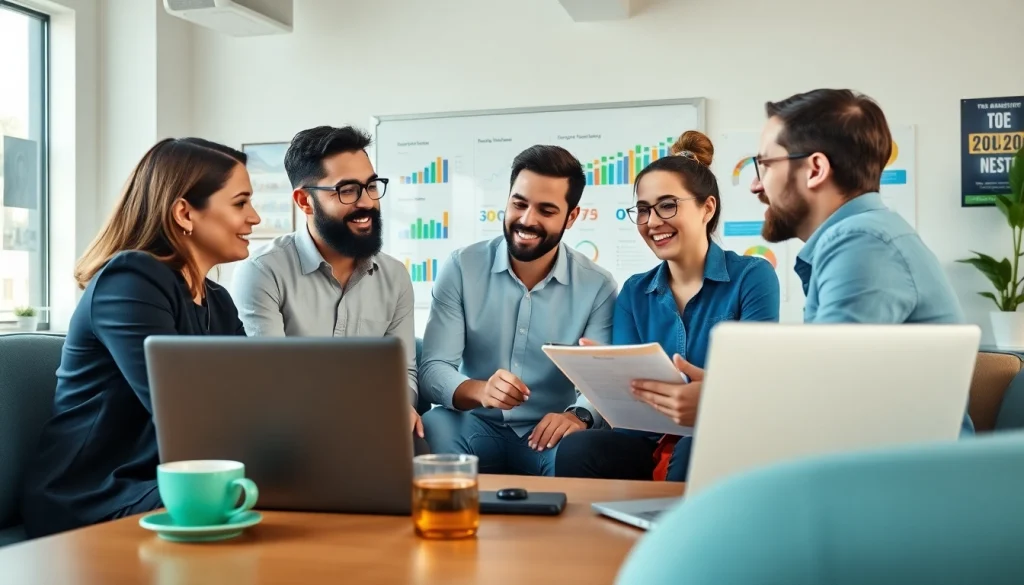 Engaged team discussing strategies for Good Wolf Marketing in a modern office space.