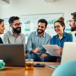 Engaged team discussing strategies for Good Wolf Marketing in a modern office space.
