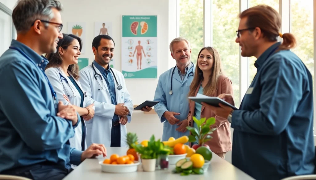 Health professionals collaborating on wellness strategies in a bright clinic environment.