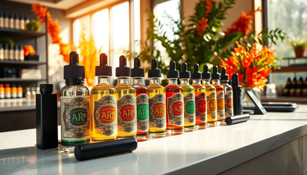 Vaporisierendes liquid in modernen Flaschen mit bunten Etiketten und zugänglicher Präsentation.