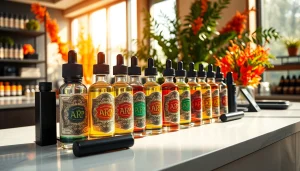 Vaporisierendes liquid in modernen Flaschen mit bunten Etiketten und zugänglicher Präsentation.