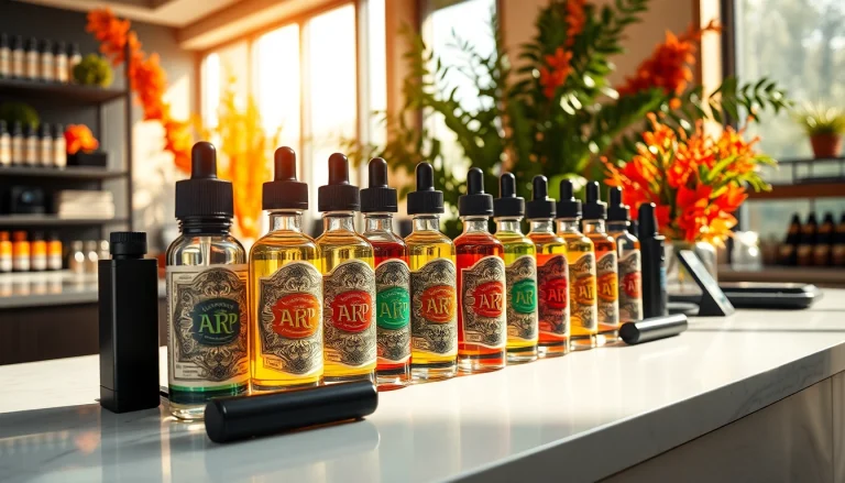 Vaporisierendes liquid in modernen Flaschen mit bunten Etiketten und zugänglicher Präsentation.