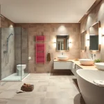 Sonni sanitär Produkte in einem modernen Badezimmer mit stilvollen Duschen und Heizkörpern.