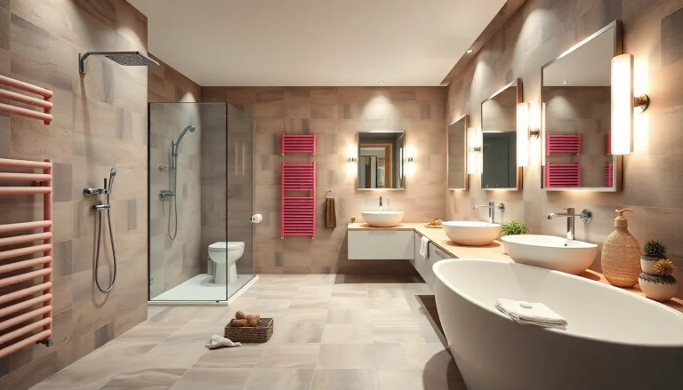 Sonni sanitär Produkte in einem modernen Badezimmer mit stilvollen Duschen und Heizkörpern.