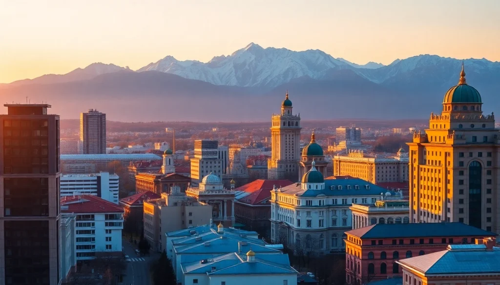 Experience the vibrant cityscape of Almaty at sunset on https://albmaftoh.com, blending modern architecture and natural beauty.