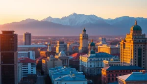Experience the vibrant cityscape of Almaty at sunset on https://albmaftoh.com, blending modern architecture and natural beauty.