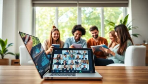 View of collaborative professionals using technology at https://mohamedmmblog.tech with laptops and tablets.