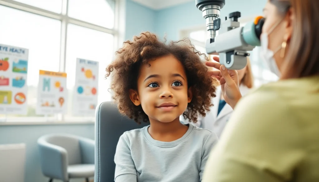 Showcasing Our Children's Vision through a young girl receiving an eye examination in a bright clinic.