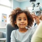 Showcasing Our Children's Vision through a young girl receiving an eye examination in a bright clinic.