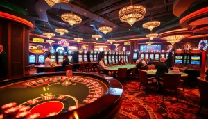 KJC AC 1 casino atmosphere with bustling roulette and poker activities.