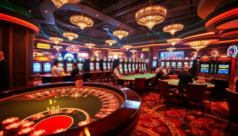 KJC AC 1 casino atmosphere with bustling roulette and poker activities.