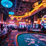 Bermain di bos88 dengan mesin slot dan suasana kasino yang cerah dan penuh energi.