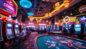 Bermain di bos88 dengan mesin slot dan suasana kasino yang cerah dan penuh energi.