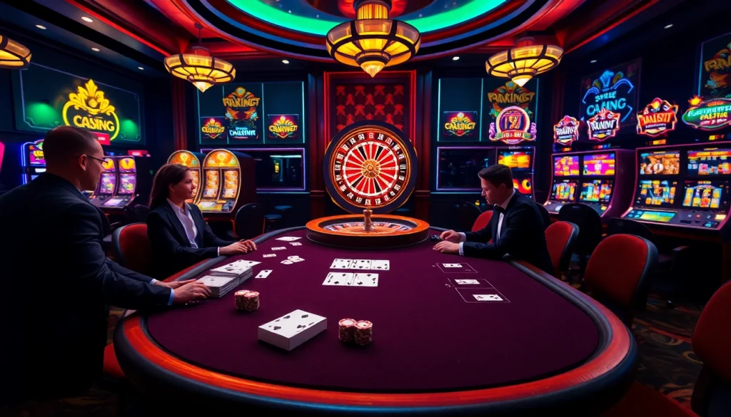 Engaged players enjoying the 79king app in a vibrant casino setting with poker chips and cards.