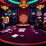 Engaged players enjoying the 79king app in a vibrant casino setting with poker chips and cards.