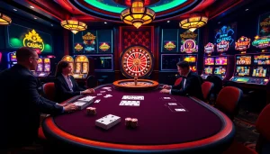 Engaged players enjoying the 79king app in a vibrant casino setting with poker chips and cards.