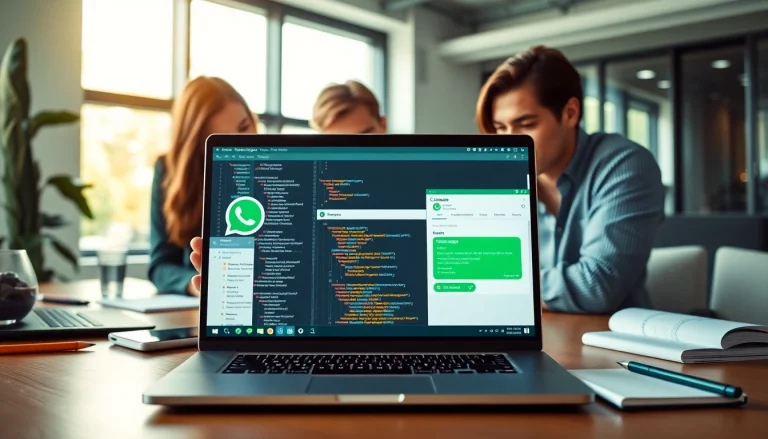 Illustration of WhatsApp API integration, featuring team collaboration in a modern office.